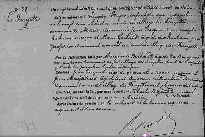 Acte de naissance de Eugène VERGNE